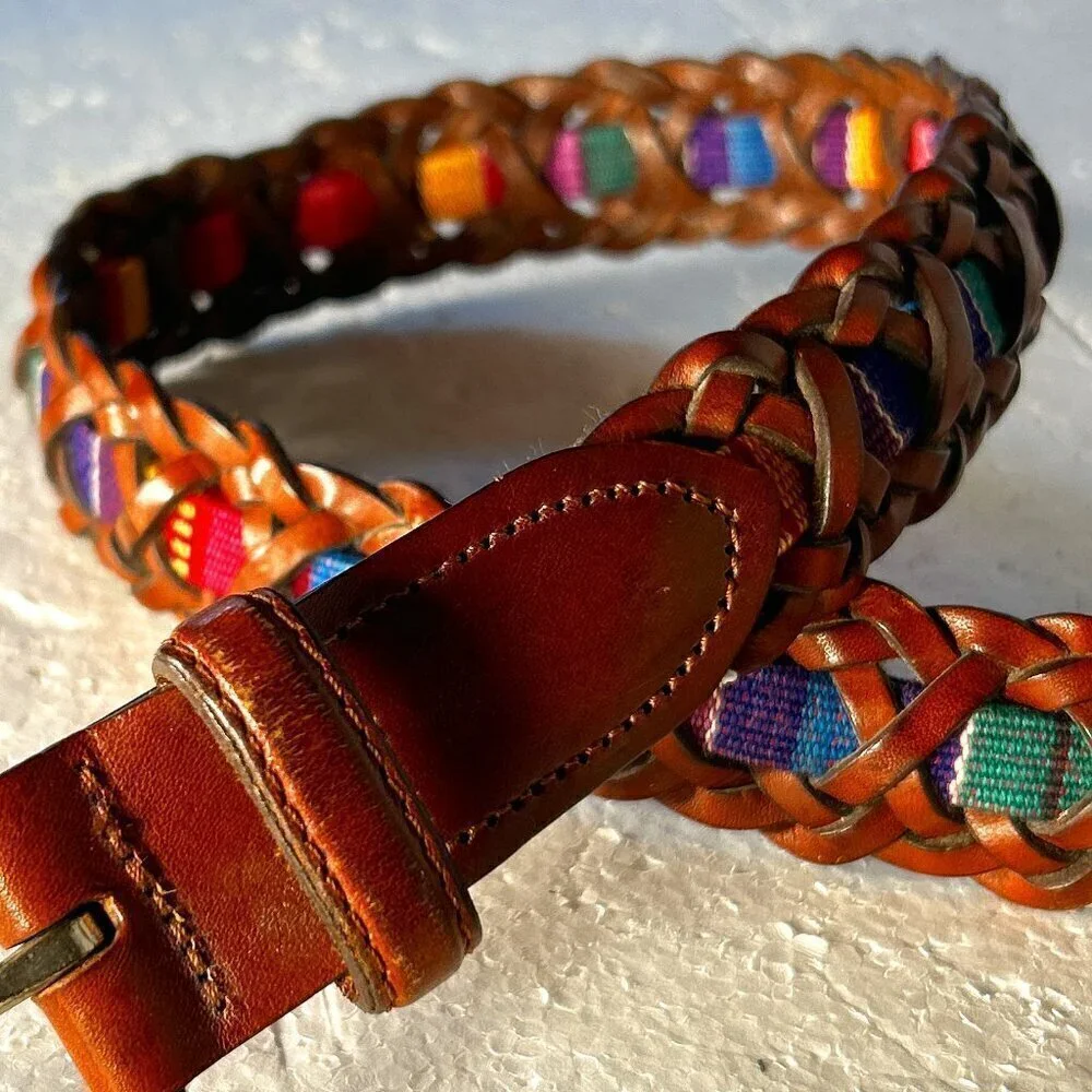 Fossil SZS Braided multi color tape leather belt western artsy ranch southwest